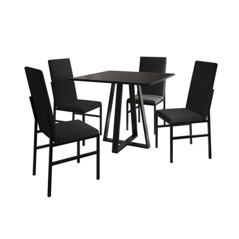 Kit Sala de Jantar Mônaco Premium Mesa 90cm com 4 Cadeiras Estofadas para Cozinha - Preto/preto