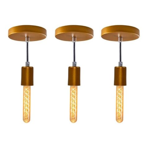 Kit 3x Pendente Tubo Cilindro Alumínio 10cm Cobre + Filamento Carbono T30 220v St458
