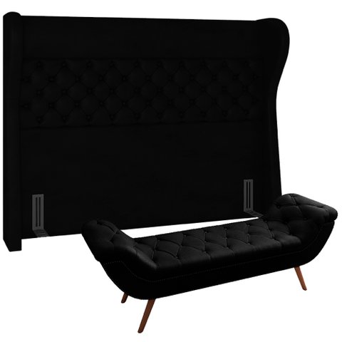 Kit Cabeceira Cama Box Queen 160 Cm Madrid com Puff Recamier Santorini P05 Couríssimo Preto - Lyam D