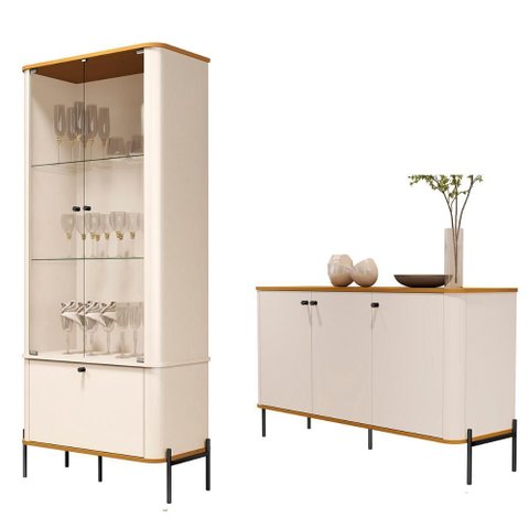 Conjunto Cristaleira e Aparador Buffet Tucupí com 3 Portas Off White/nature/preto