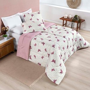 Kit Edredom Cobertor Celi Queen Dupla Face Micropercal Estampado 200 Fios 3 Peças Borboletas Rosê - 
