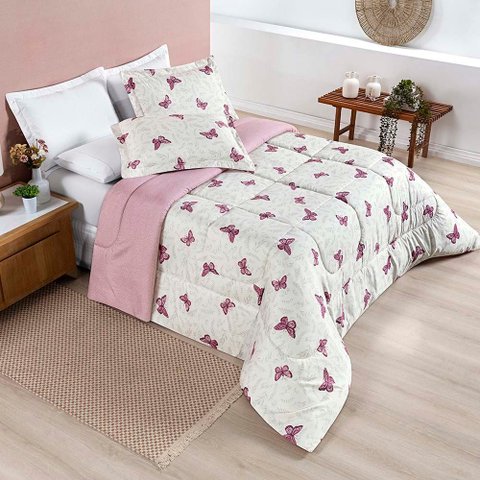 Kit Edredom Cobertor Celi Queen Dupla Face Micropercal Estampado 200 Fios 3 Peças Borboletas Rosê -