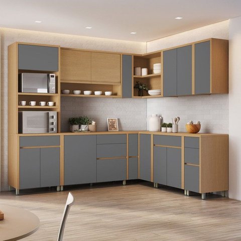 Cozinha 11 Peças Condessa Canto Torre Quente 100% MDF Cinza/Carvalho Titânio