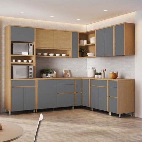 Cozinha 11 Peças Condessa Canto Torre Quente 100% MDF Cinza/Carvalho Titânio
