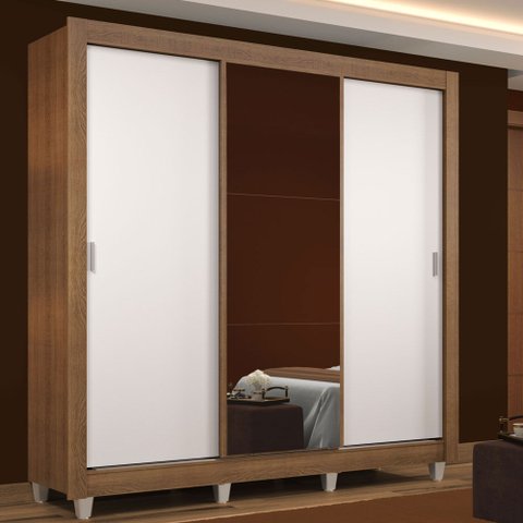 Guarda-Roupa Casal Madesa Mônaco 3 Portas de Correr com Espelho com Pés Rustic/Branco Cor:Rustic/Bra