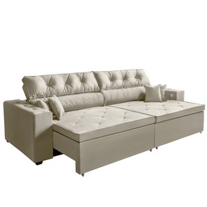 Sofá USB, 5 Lugares SMART Retrátil, Reclinável, 3,02 Metros, Tecnologia de Carregamento 3 portas Beg