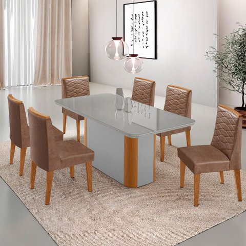 Mesa de Jantar Isadora 180cm Tampo Mdf Vidro com 6 Cadeiras Eloise