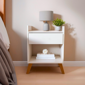 Mesa de Cabeceira Pequena Criado de Apoio Moderna com Gaveta Prateleira Mdf Pés Madeira Quarto Cama
