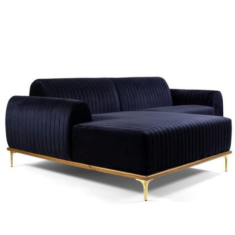 Sofá 3 Lugares com Chaise Base de Madeira Euro 2,30M Veludo Azul - Gran Belo