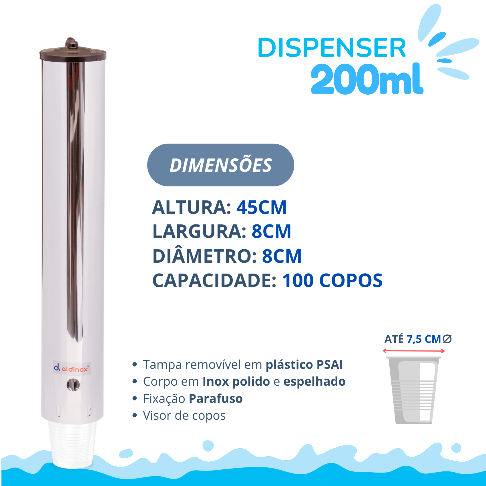 Dispenser Inox para Copo Descartáveis Água 180/200 Ml - 3