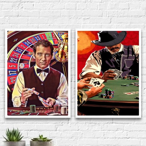 Kit 2 Quadros Decorativos Poker Night 33x24cm - com vidro:Madeira branca