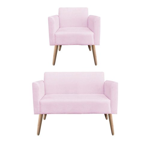 01 Namoradeira e 01 Poltrona Marisa Suede Rosa Bebê
