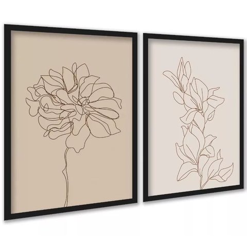 Kit 2 Quadros Flores Linhas Suaves - Bege 33x24cm - com Vidro:moldura Branca