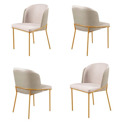 Kit 4 Cadeiras Aurora Marfim Linho Palha Base Dourada