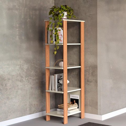 Estante Nicho Industrial 5 Prateleiras 100% Mdf Cor:off White com Freijó