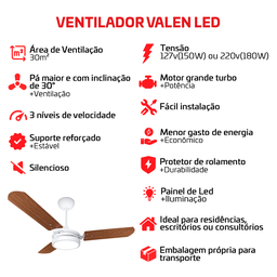 Ventilador de Teto Valen Led Branco 3 Pás Mogno Ventex 220v - 2