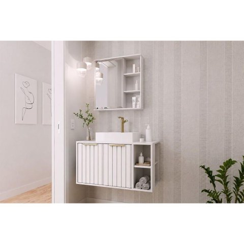 Gabinete Banheiro c/Espelho Noruega/Treviso 80cm Branco MGM