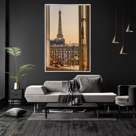 Quadro Decorativo Torre Eiffel Pela Janela Com Moldura e Sem Vidro 90X140