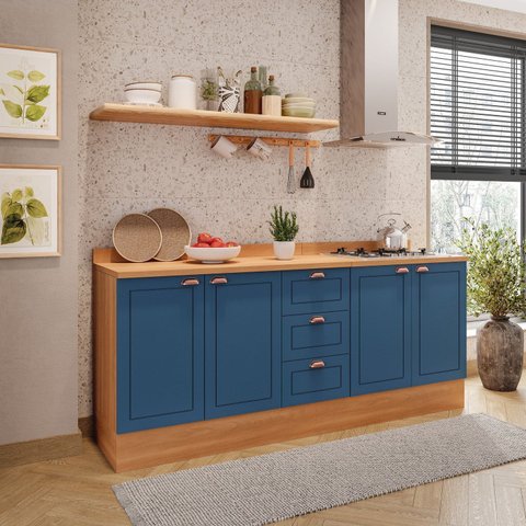 Cozinha Pérola com Rodapé e Tampo 2 Peças Yescasa Azul/Freijó