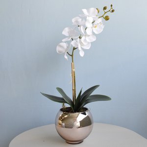 Arranjo de Orquídea Artificial Branca no Vaso Rose Gold Pequeno |linha Permanente Formosinha