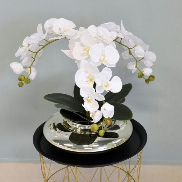 Flores Artificiais Arranjo de Orquídeas Brancas Artificial no Vaso Terrário Prateado - 4