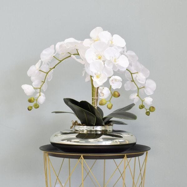 Flores Artificiais Arranjo de Orquídeas Brancas Artificial no Vaso Terrário Prateado