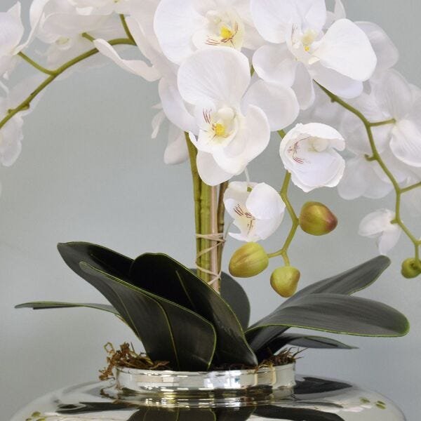 Flores Artificiais Arranjo de Orquídeas Brancas Artificial no Vaso Terrário Prateado - 3