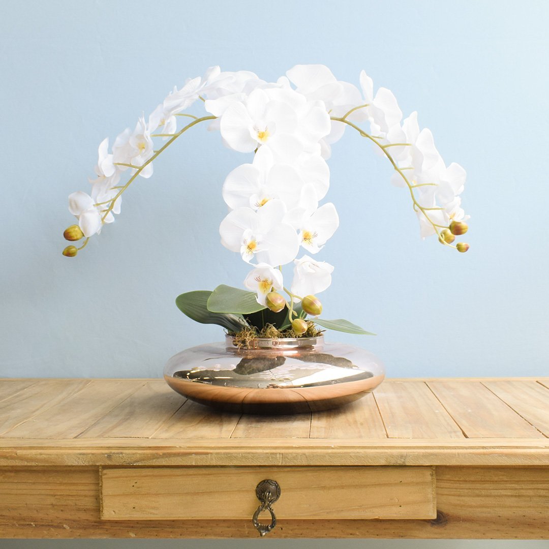 Flores artificiais Arranjo de Orquídeas Brancas Artificial no Vaso Terrário Rose Gold|Linha - 2