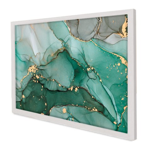 Quadro Decorativo Abstrato Mármore Verde Safira em Moldura Caixa Tacolado Moldura Trad 1cm Branca Se