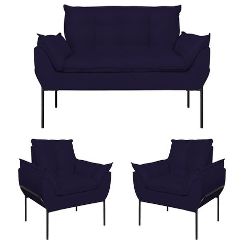 Kit 02 Poltronas + Namoradeira Reforçada Opala Metal Preto Azul Marinho