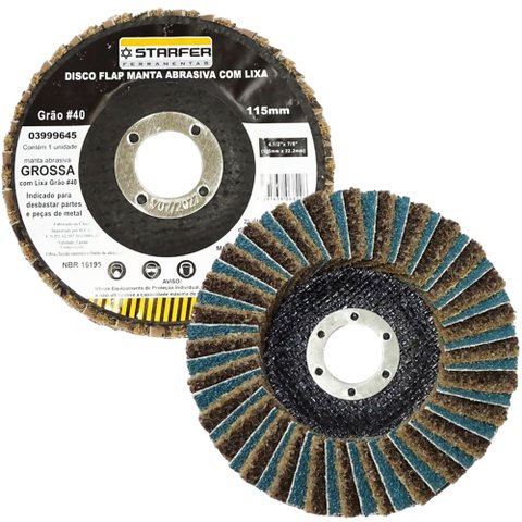 Disco Flap com Manta e Lixa Grão 40 4.1/2" Grossa Amarela Ideal para Desbaste Lixar Polir Aço Alumin