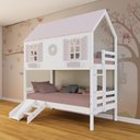 Ver imagem 1 de Beliche Casinha Bela com Coração Kit Escada-Escorregador - Madeira Maciça Branco-Rosa Megamobilia