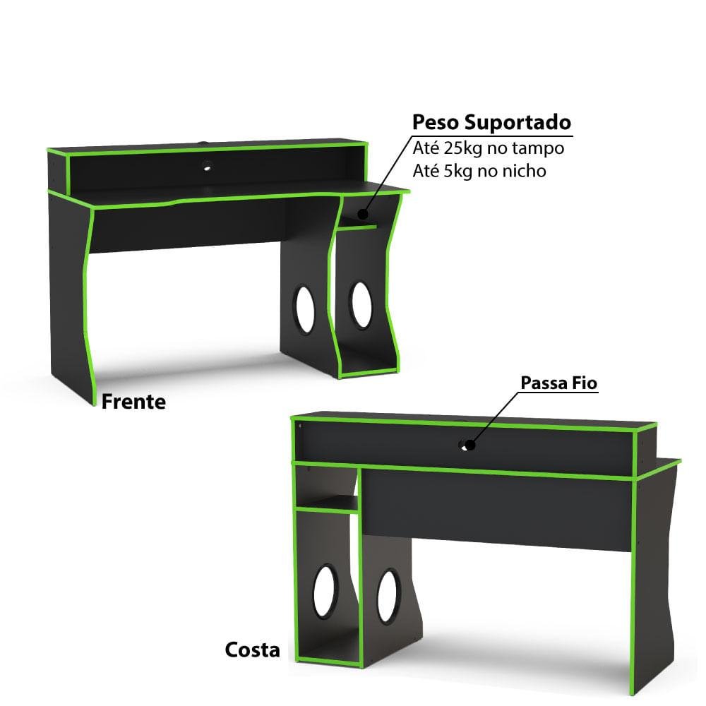 Mesa Gamer Fremont com Nicho e Suporte para CPU - Preto/Verd - 4