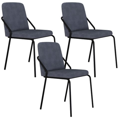Kit 03 Cadeiras Estofada para Sala de Jantar Loft Preto C01 Bouclê Nuvem - Lyam Decor