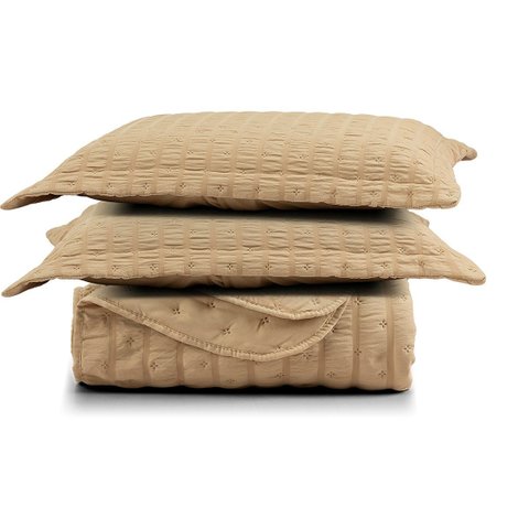 Kit Colcha Cobre Leito Plissê Casal Seersucker Premium 3 Peças Maciez e Leveza com Textura 3d Bege M