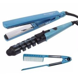 Kit 3 Em 1 Prancha Chapinha Modelador Cacheador Pente Anti Estática - 1