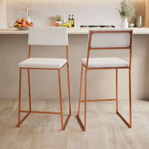 Kit 3 Banquetas Alta Balcão Estofada com Encosto Rose Gold Linho Dubai