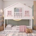 Ver imagem 1 de Beliche Infantil Montessori Casinha Dos Sonhos com Varanda Madeira Maciça Branco e Rosa Megamobí