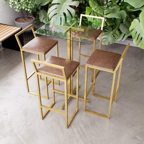 Jogo Mesa Alta Bistrô Quadrada Vidro 4 Banquetas Estofado Confort Industrial Dourado Don Castro Deco