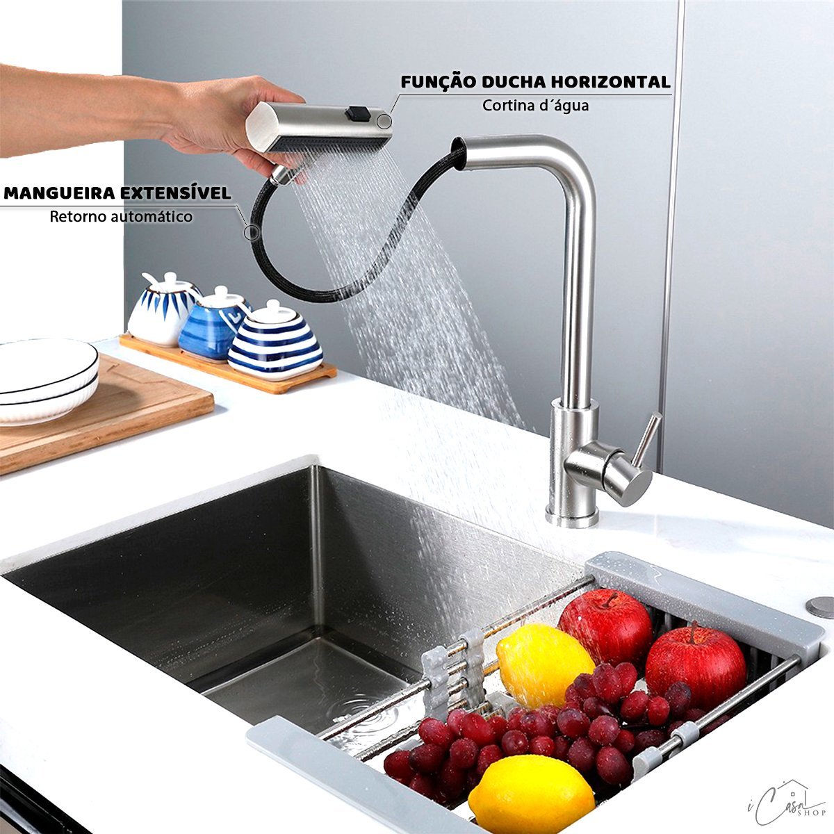 Torneira de Cozinha Ducha Extensível Monocomando Aço Inox Escovado - 4