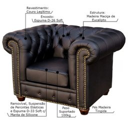 Poltrona Sala de Estar Chesterfield com Pés Madeira Couro Preto - Gran Belo - 2