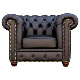 Poltrona Sala de Estar Chesterfield com Pés Madeira Couro Preto - Gran Belo - 1