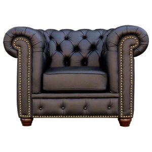 Poltrona Sala de Estar Chesterfield com Pés Madeira Couro Preto - Gran Belo