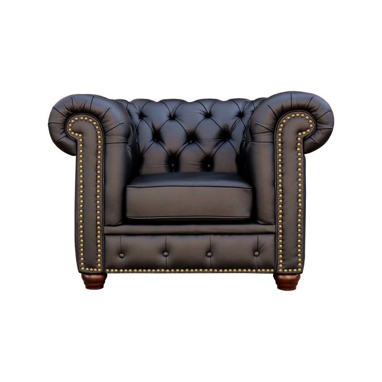 Poltrona Sala de Estar Chesterfield com Pés Madeira Couro Preto - Gran Belo