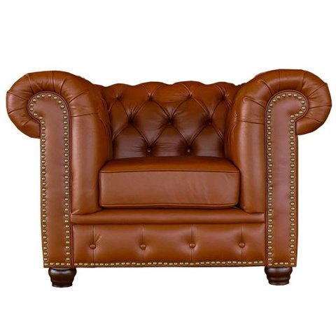 Poltrona Sala de Estar Chesterfield com Pés Madeira Couro Conhaque Brilho - Gran Belo