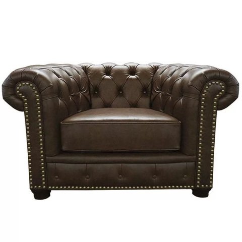 Poltrona Sala de Estar Chesterfield com Pés Madeira Couro Marrom - Gran Belo