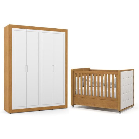 Jogo de Quarto Infantil Tutto New Guarda Roupa 4 Portas e Berço Freijó/branco Soft com Capiton