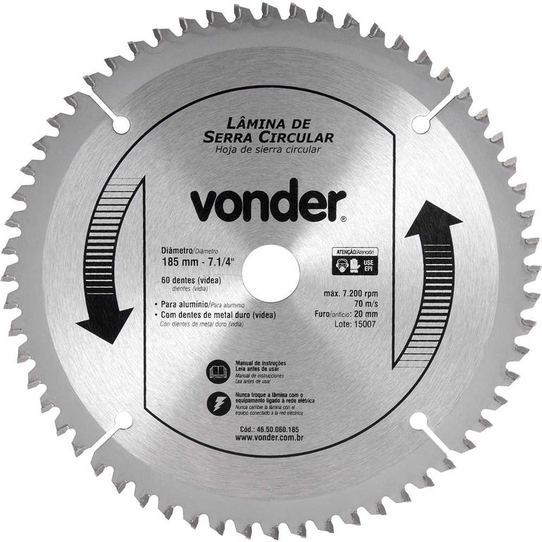 Lamina para Serra Circular Vídea Disco de Corte 185mm Vonder Serra Bancada para Corte Alumínio Ferro