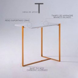Mesa de Apoio T 40cm Aço Dourado / Mármore Branco - Gran Belo - 3 Mesa de Apoio T 40cm Aço Dourado / Mármore Branco - Gran Belo - 3