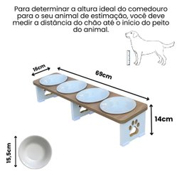 Comedouro Elevado Quadruplo Linear Cachorro Pet Mdf - Porcelana - 2